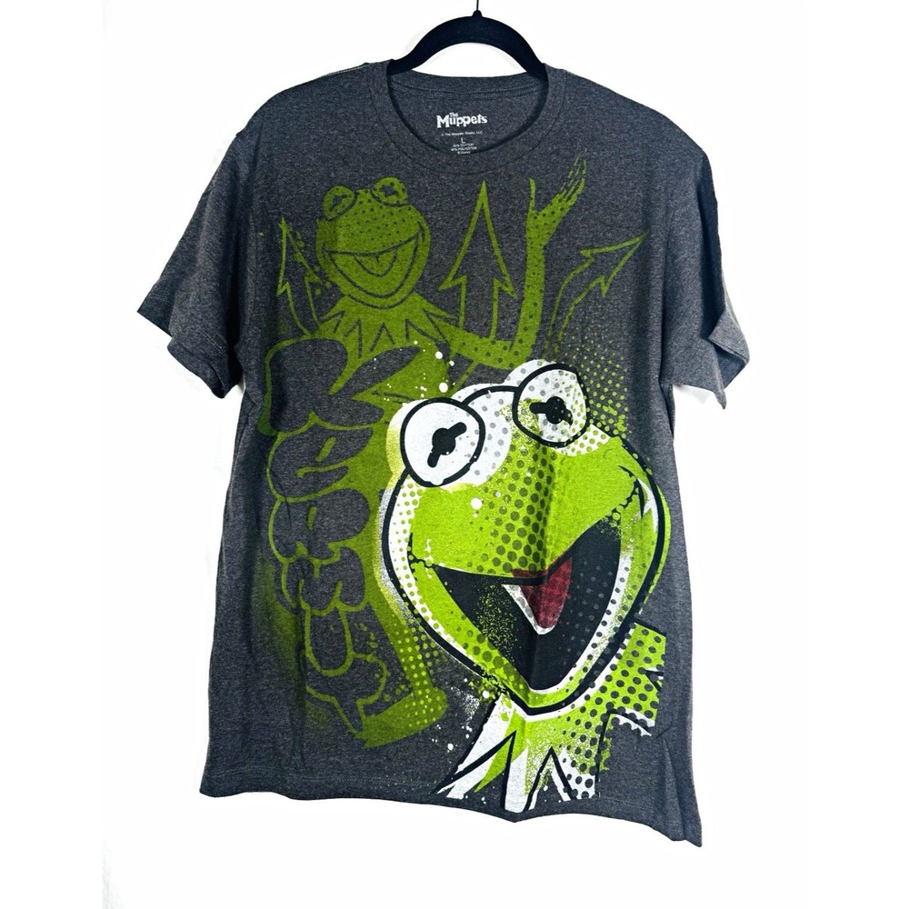 The Muppets Men's L Gray Cotton Poly Knit Crew Neck Short Sleeve Kermit Tee